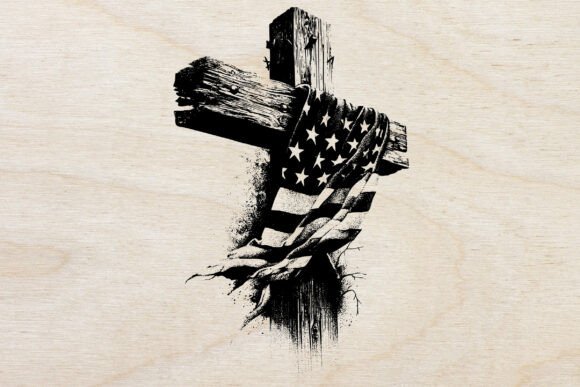Rustic Wooden Cross with American Flag Graphics