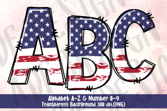 USA Flag Doodle Alphabet Letters PNG: Graphics & Illustrations